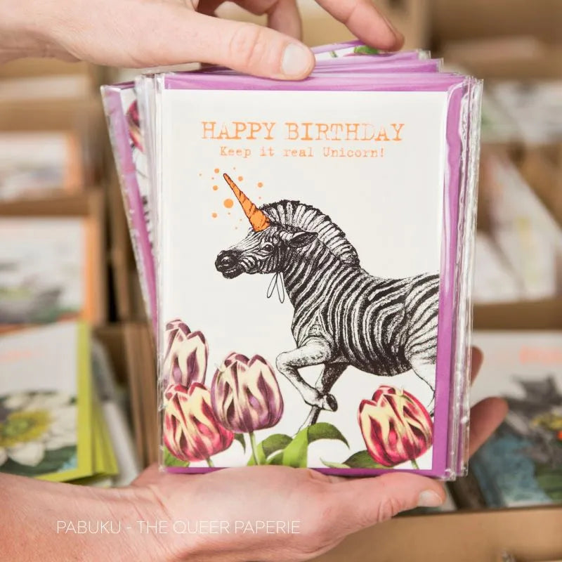 Carte de Vœux Birthday Unicorn Zebra Pabuku