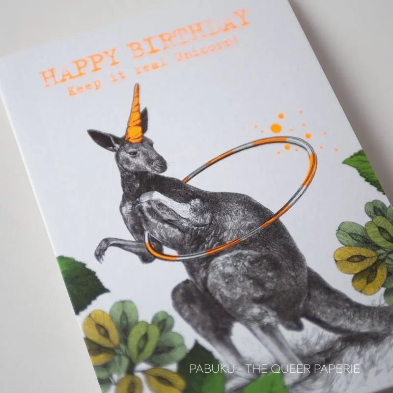 Carte de Vœux Birthday Unicorn Kangaroo Pabuku